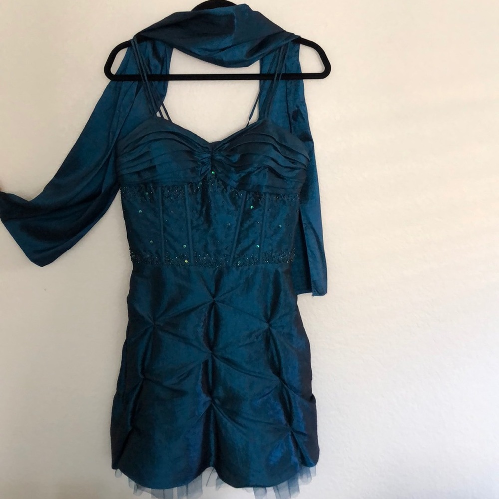 Nariana Teal Crepe Polyester Dress